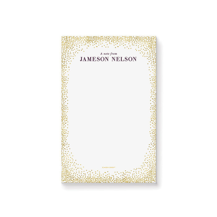 Personalized notepad featuring an elegant gold confetti border and custom name, perfect as a professional office stationery gift.