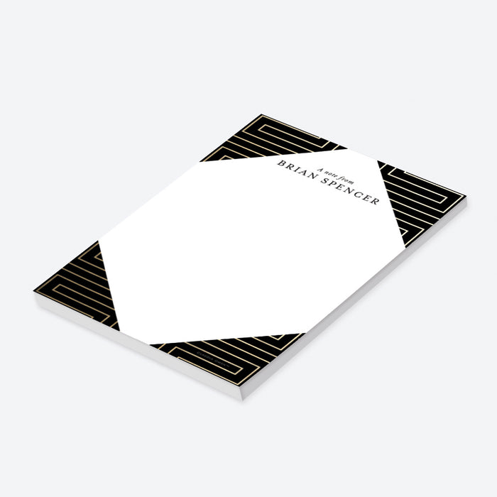 Black and gold notepad with a customizable name printed on premium white paper for professional and corporate use.-side