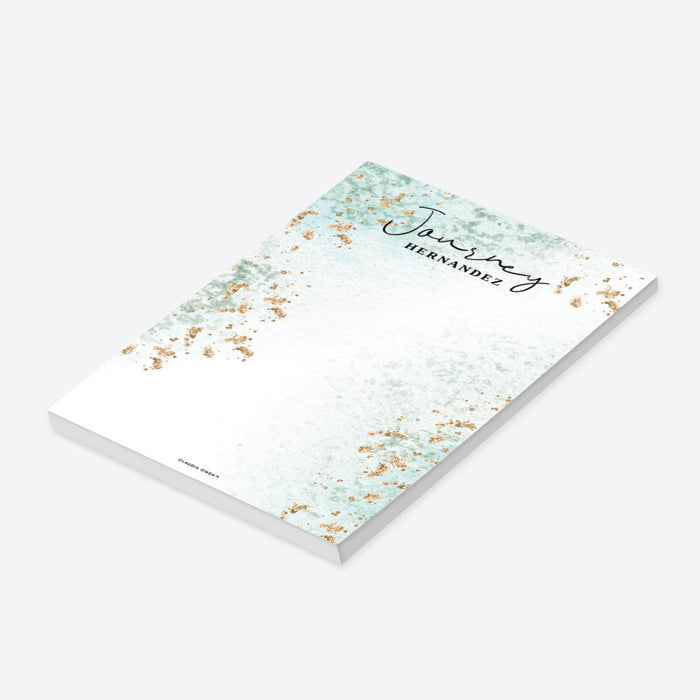 Personalized aqua watercolor and gold notepad with custom name, perfect for daily notes, stylish stationery, and personalized paper items.-side