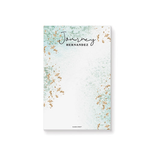 Personalized aqua watercolor and gold notepad with custom name, perfect for daily notes, stylish stationery, and personalized paper items.