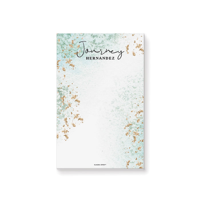 Personalized aqua watercolor and gold notepad with custom name, perfect for daily notes, stylish stationery, and personalized paper items.