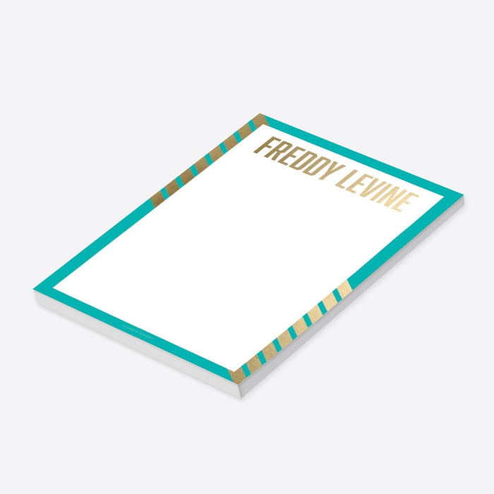 Personalized turquoise and gold notepad with custom name in gold lettering and modern striped border design-side