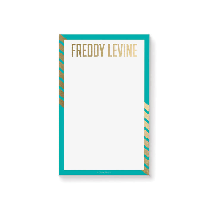 Personalized turquoise and gold notepad with custom name in gold lettering and modern striped border design.