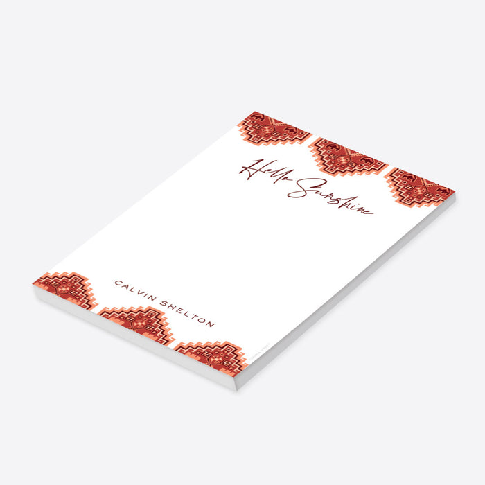 Personalized notepad with Hello Sunshine header and custom name, featuring red patterned borders and a clean writing space-side