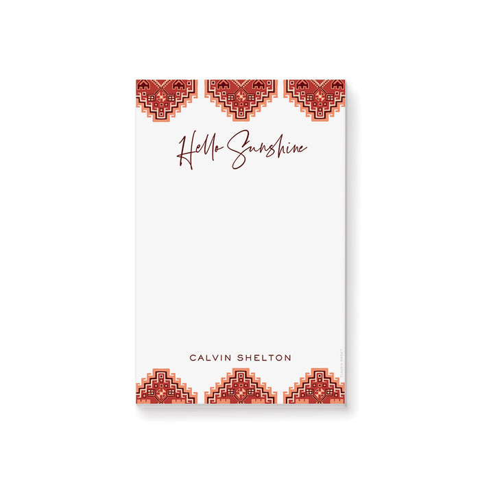 Personalized notepad with Hello Sunshine header and custom name, featuring red patterned borders and a clean writing space