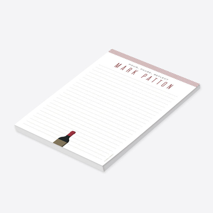 personalized wine notepad with lined pages, wine bottle illustration, and custom name for a wine tasting party gift-side