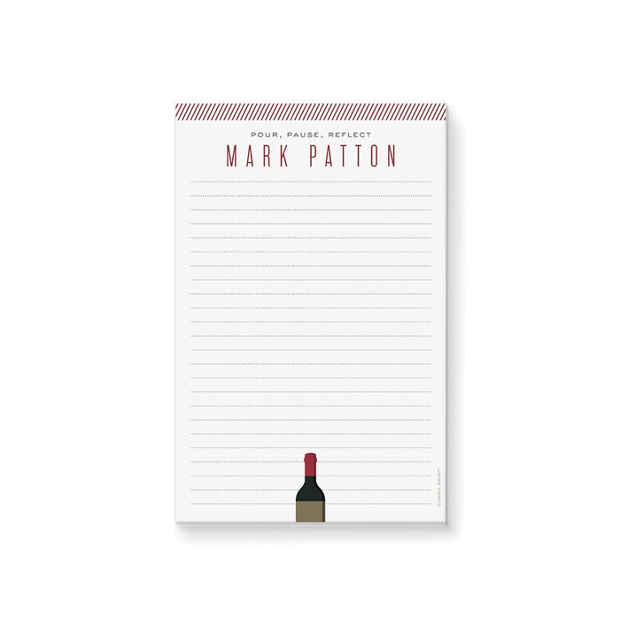 personalized wine notepad with lined pages, wine bottle illustration, and custom name for a wine tasting party gift