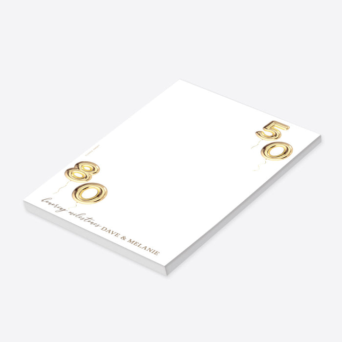 Personalized joint milestone birthday notepad with gold balloon numbers for two celebrants celebrating a shared birthday party.-side