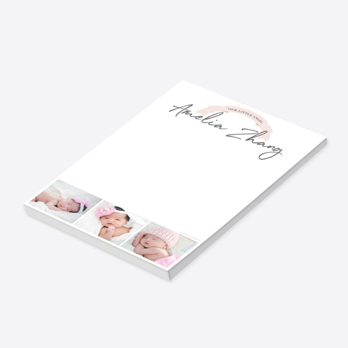 Custom baby notepad with personalized name and newborn photo collage, perfect for baby shower favors, keepsake gifts, or personalized family stationery.-side