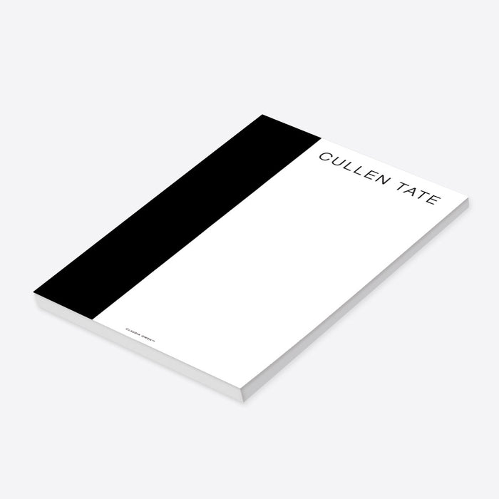 Personalized black and white notepad with vertical stripe and custom printed name, modern minimalist stationery design.-side