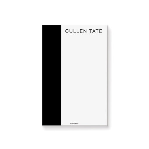 Personalized black and white notepad with vertical stripe and custom printed name, modern minimalist stationery design.