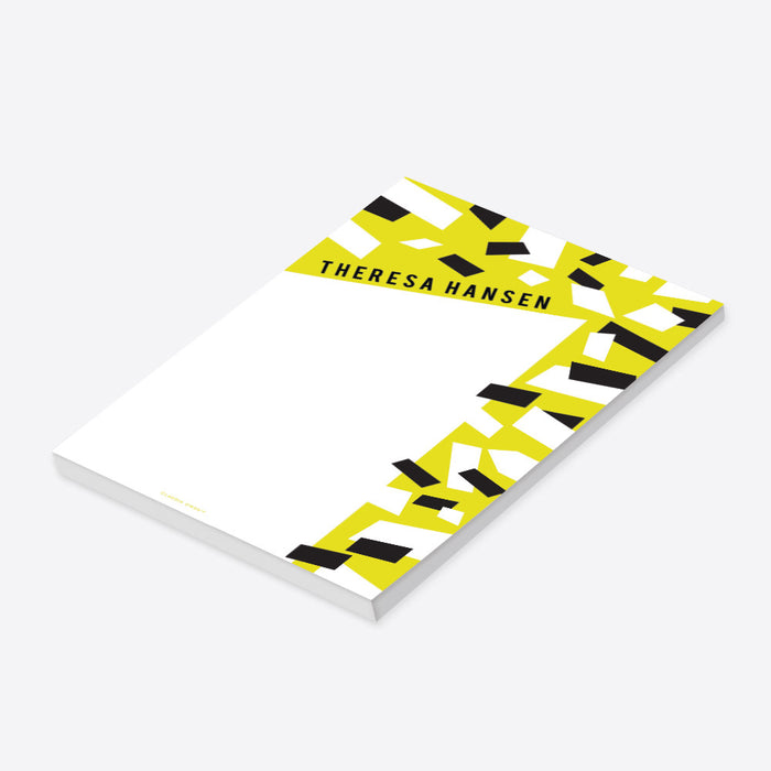Personalized notepad with yellow, white, and black confetti, perfect for birthday party favors and guest gifts.-side