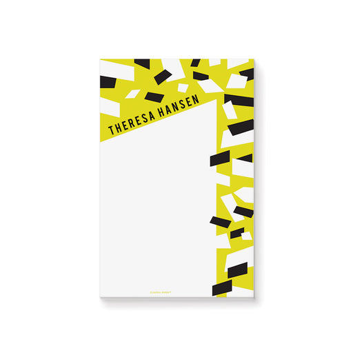 Personalized notepad with yellow, white, and black confetti, perfect for birthday party favors and guest gifts.
