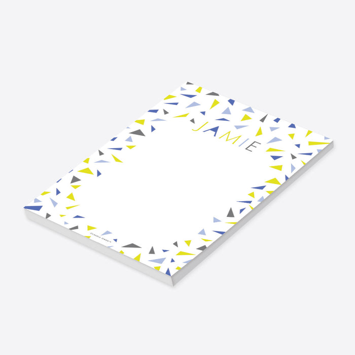 Personalized notepad with colorful confetti in yellow, blue, and gray, perfect for stylish everyday stationery.-side