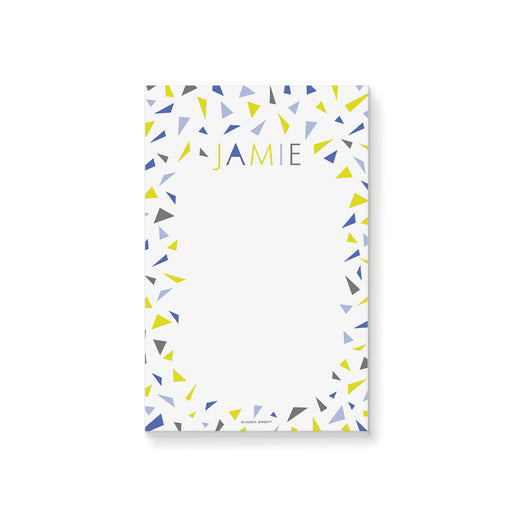 Personalized notepad with colorful confetti in yellow, blue, and gray, perfect for stylish everyday stationery.