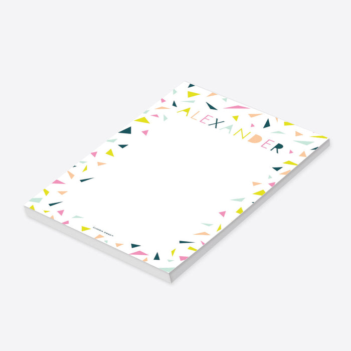 Personalized name notepad with colorful confetti and lettering, perfect as a gift or party favor for kids and adults.-side