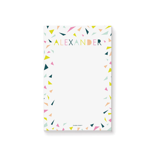 Personalized name notepad with colorful confetti and lettering, perfect as a gift or party favor for kids and adults.