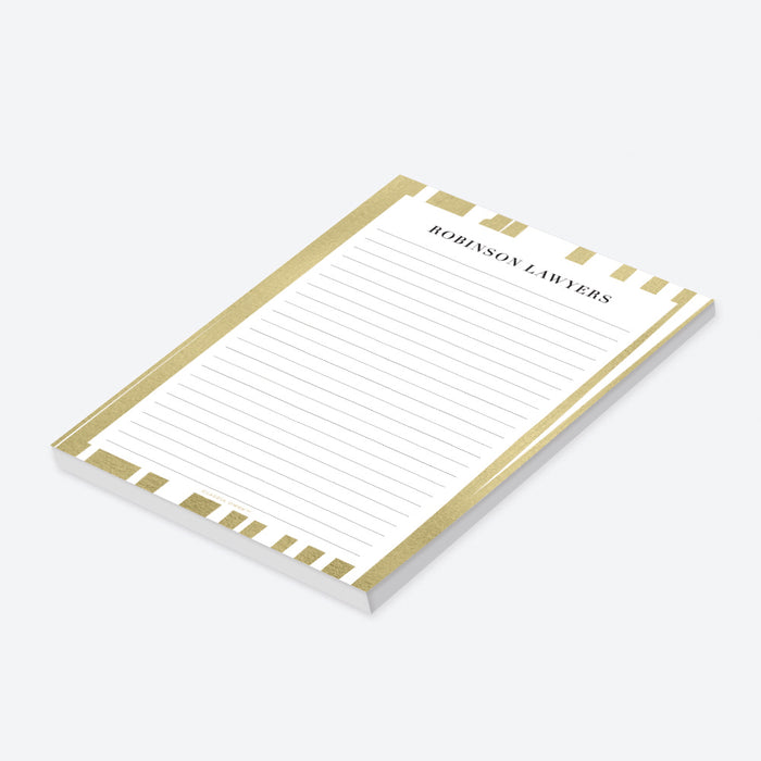 Personalized gold border notepad with lined pages, customized with your name or business, perfect for office supplies or event favors.-side