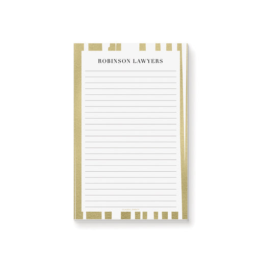 Personalized gold border notepad with lined pages, customized with your name or business, perfect for office supplies or event favors.