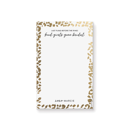 Personalized bridal notepad with a chic leopard-print design, a custom bachelorette party favor
