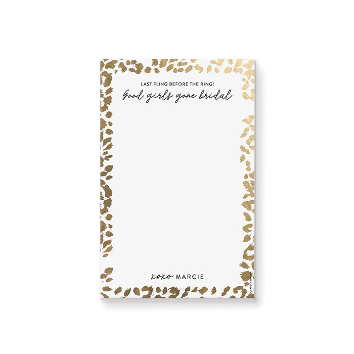 Personalized bridal notepad with a chic leopard-print design, a custom bachelorette party favor
