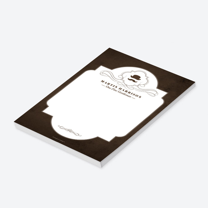 Vintage rustic personalized notepad featuring a mustache and top hat design, perfect as a sophisticated stationery gift for guests.-side