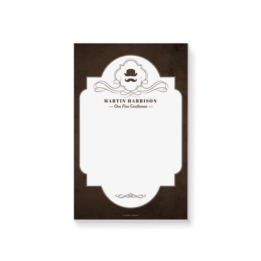 Vintage rustic personalized notepad featuring a mustache and top hat design, perfect as a sophisticated stationery gift for guests.