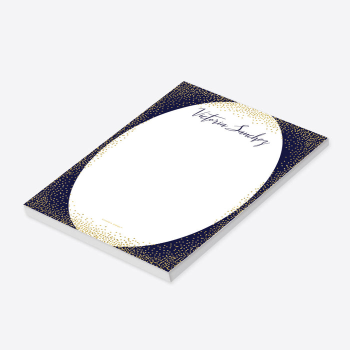 Personalized navy and gold confetti notepad with custom name, perfect for elegant birthday party favors.-side