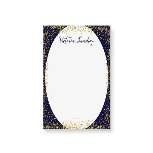 Personalized navy and gold confetti notepad with custom name, perfect for elegant birthday party favors.