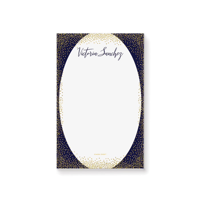 Personalized navy and gold confetti notepad with custom name, perfect for elegant birthday party favors.