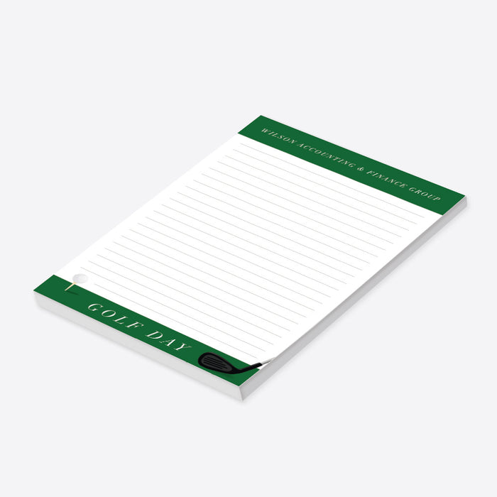 Custom golf day notepad with lined pages, green header for personalization, golf ball and club design—ideal for events, gifts, or daily notes.-side