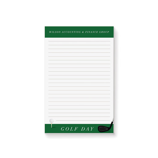 Custom golf day notepad with lined pages, green header for personalization, golf ball and club design—ideal for events, gifts, or daily notes.