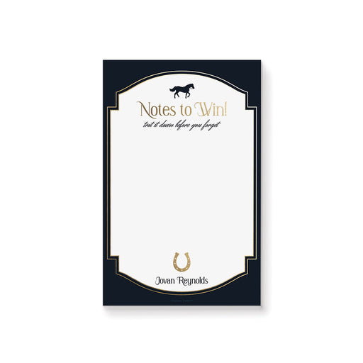 Kentucky Derby notepad with a navy border, gold accents, a horse, a horseshoe icon, and a personalized name at the bottom.