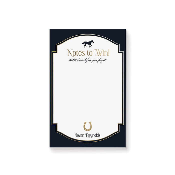 Kentucky Derby notepad with a navy border, gold accents, a horse, a horseshoe icon, and a personalized name at the bottom.