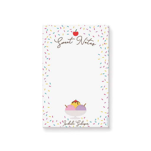 Ice cream-themed personalized notepad with a colorful sprinkles border, a cherry, and three scoops in a bowl design