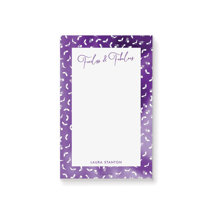 Personalized purple bachelorette notepad featuring a stylish stiletto pattern and girls night party stationery design.