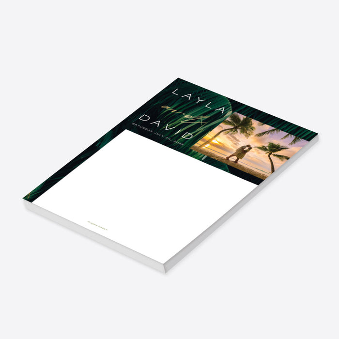 Personalized tropical wedding notepad featuring the couple’s photo with a palm leaves design, romantic couple stationery-side