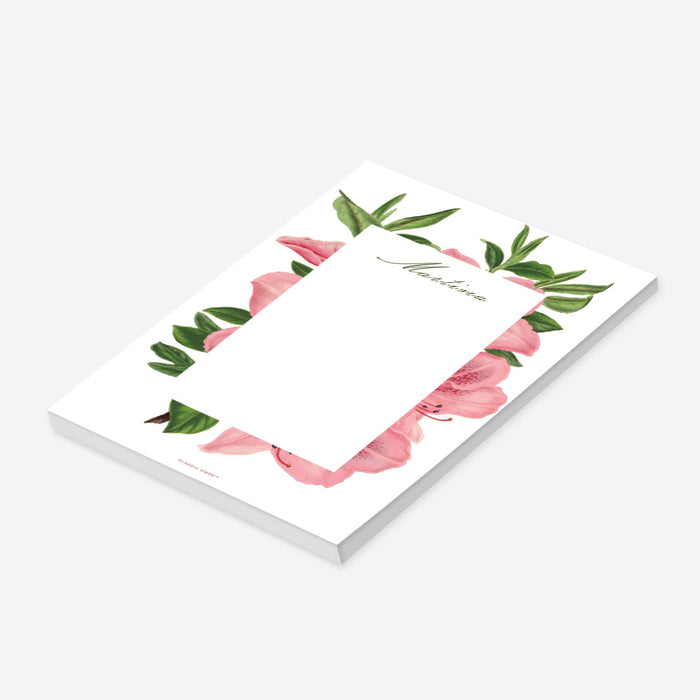 Personalized floral notepad featuring Azalea flower illustrations-side