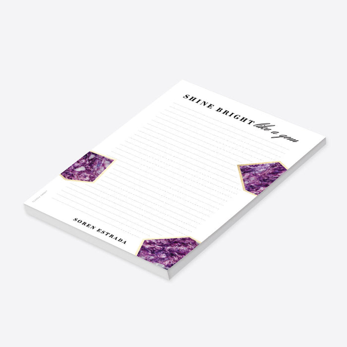 Personalized purple gemstone notepad with “Shine Bright Like a Gem” text-side