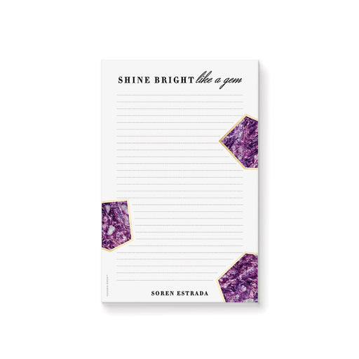 Personalized purple gemstone notepad with “Shine Bright Like a Gem” text