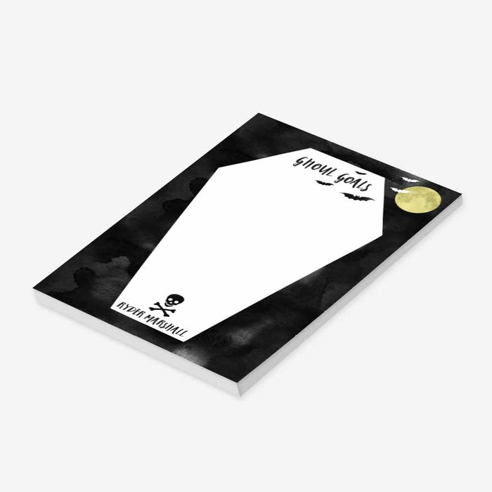 Halloween coffin notepad featuring “Ghoul Goals” text with bats, a full moon, and a skull illustration-side