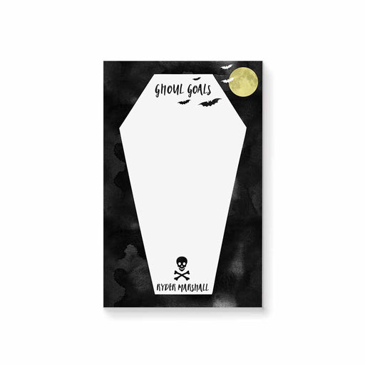 Halloween coffin notepad featuring “Ghoul Goals” text with bats, a full moon, and a skull illustration