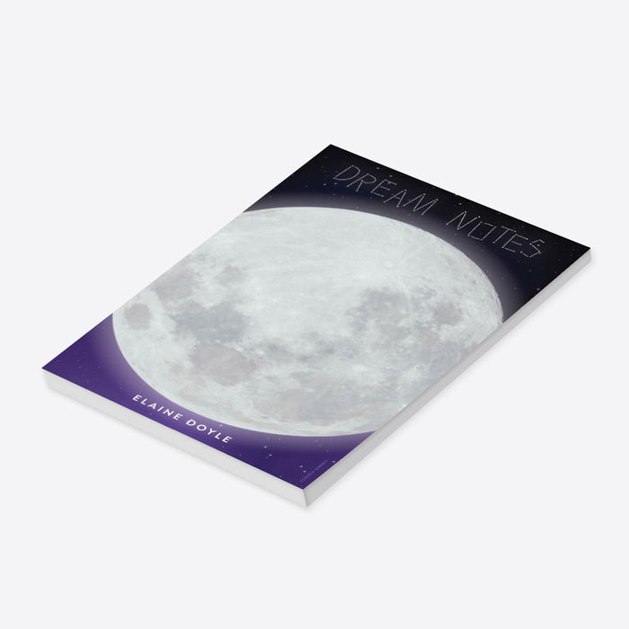 Celestial moon notepad with a starry night sky background and the Dream Notes title, personalized with name-side