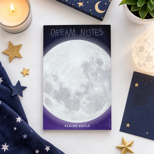 Celestial moon notepad with a starry night sky background and the Dream Notes title, personalized with name