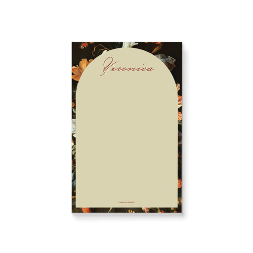 Personalized notepad with vintage floral illustration, an arch frame, and a customizable name