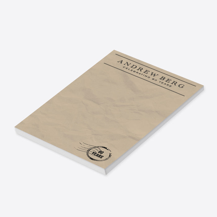 Vintage telegram-style personalized notepad with an “80 Years” stamp on brown paper design, adding a nostalgic, retro touch to everyday note-taking.-side