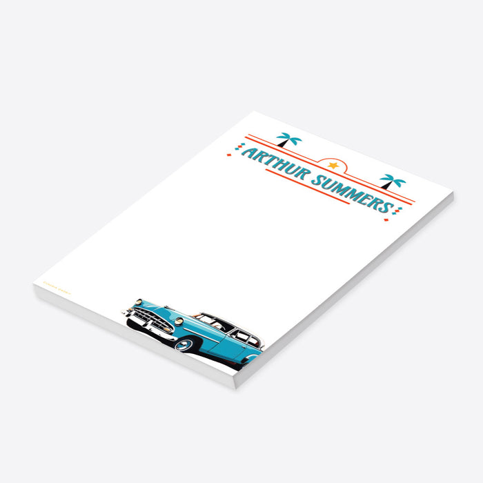 Retro Havana personalized notepad featuring a classic turquoise car, palm tree, and vintage-style typography-side