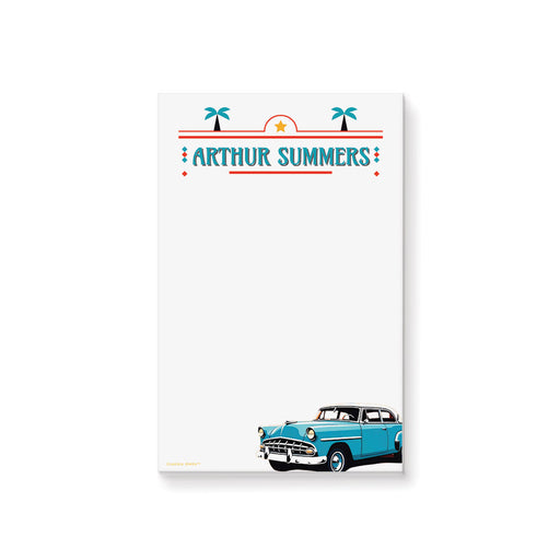 Retro Havana personalized notepad featuring a classic turquoise car, palm tree, and vintage-style typography