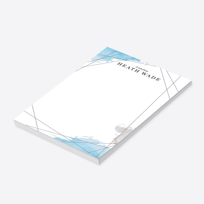 Personalized modern notepad with soft blue watercolor accents and fine line details, featuring a custom name at the top.-side
