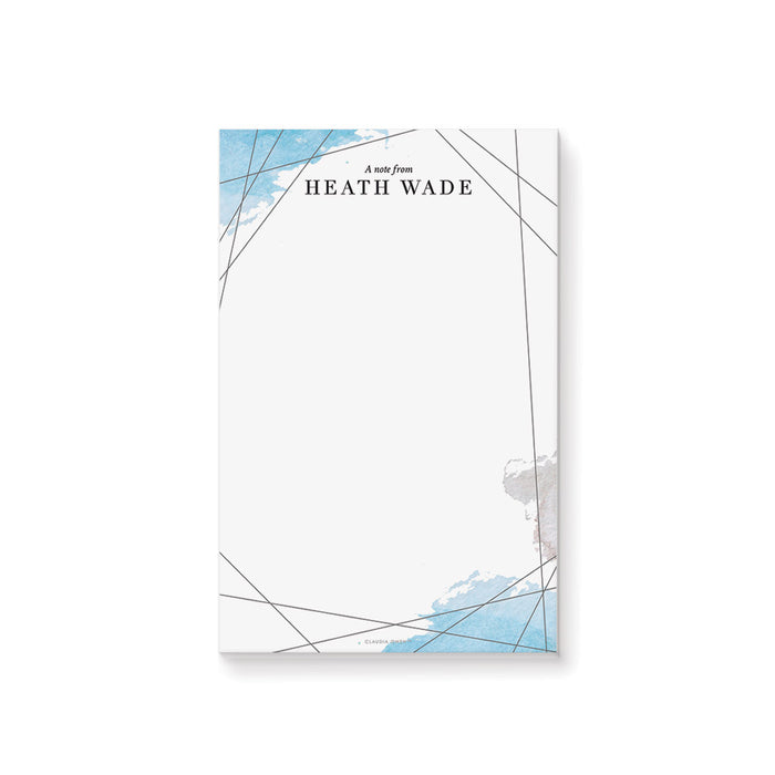Personalized modern notepad with soft blue watercolor accents and fine line details, featuring a custom name at the top.